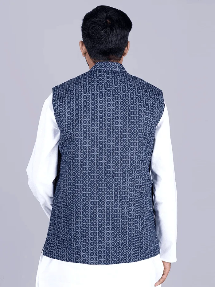 Blue Printed Poly Cotton Modi Jacket - WeaversIndia