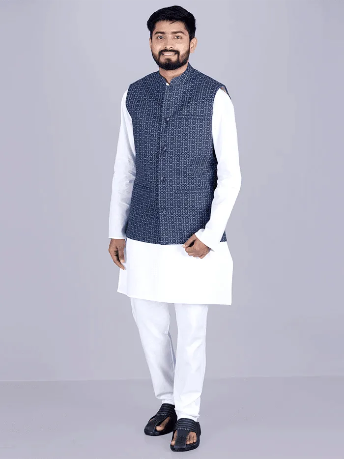 Blue Printed Poly Cotton Modi Jacket - WeaversIndia