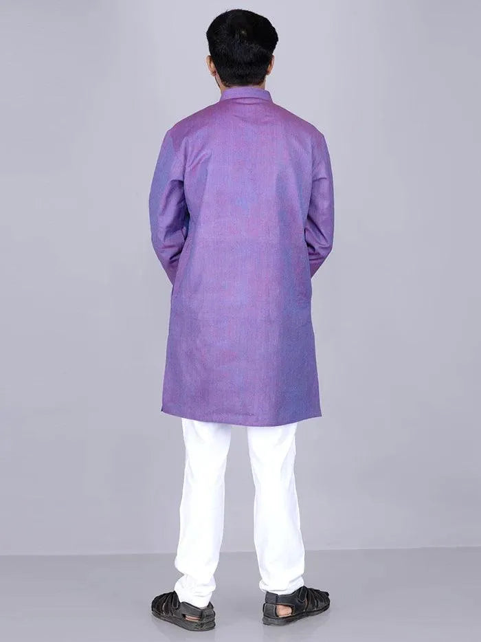 Blue Red Duel Tone Handwoven Organic Cotton Men Kurta - WeaversIndia