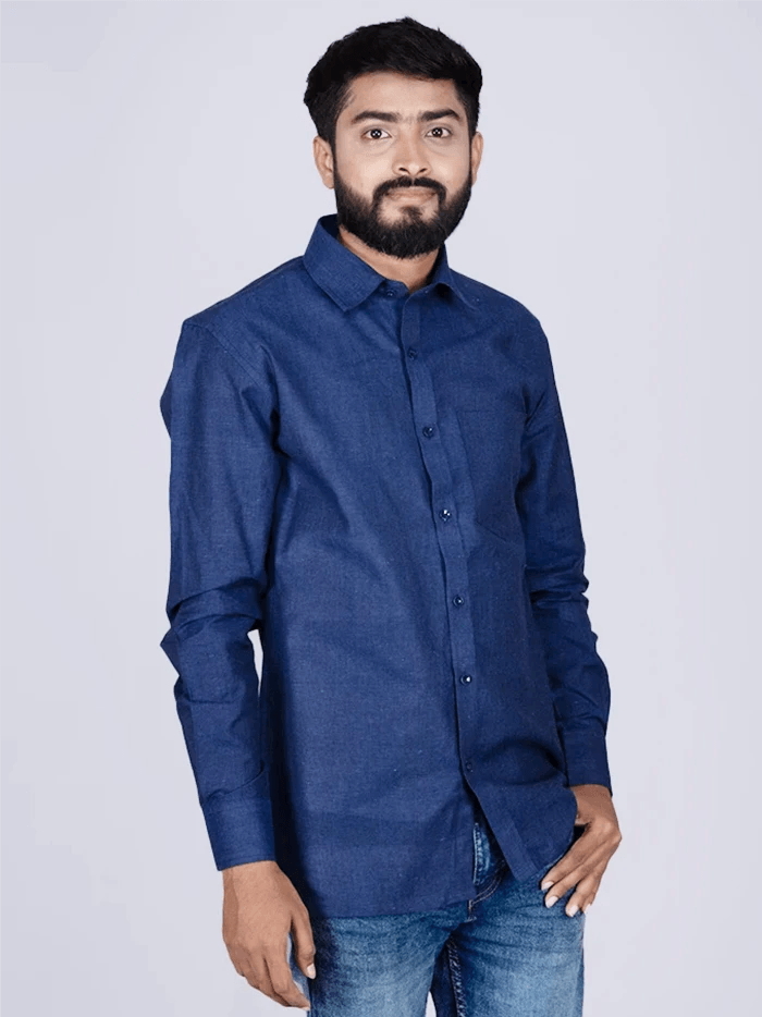 Blue Solid Handwoven Organic Cotton Men Full Sleeves Shirt - WeaversIndia