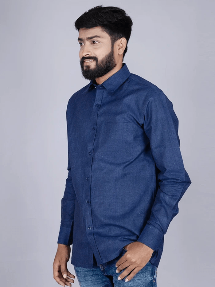 Blue Solid Handwoven Organic Cotton Men Full Sleeves Shirt - WeaversIndia