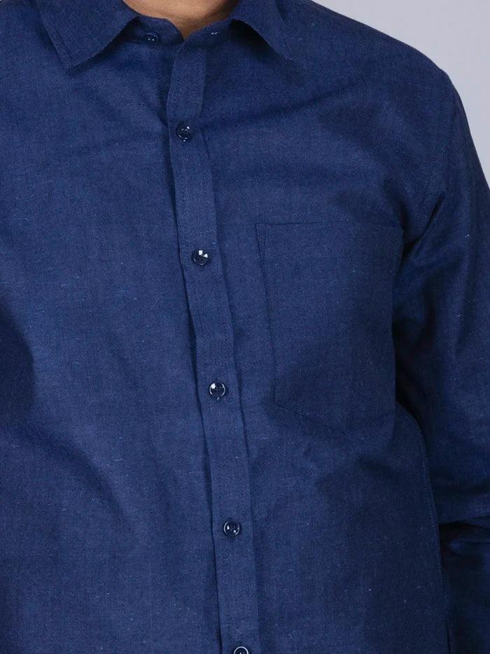 Blue Solid Handwoven Organic Cotton Men Full Sleeves Shirt - WeaversIndia