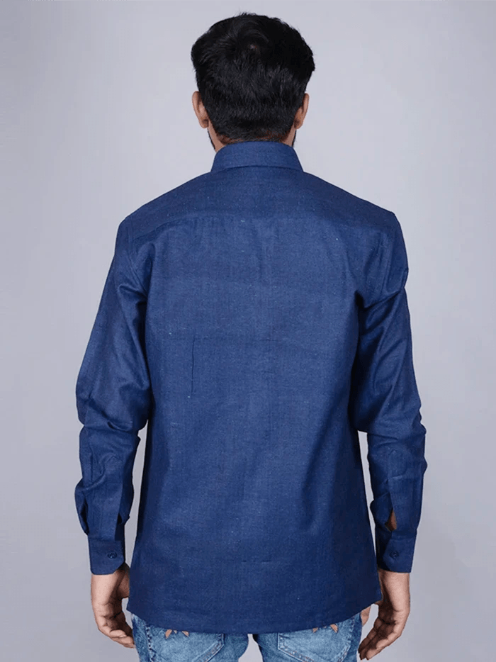 Blue Solid Handwoven Organic Cotton Men Full Sleeves Shirt - WeaversIndia