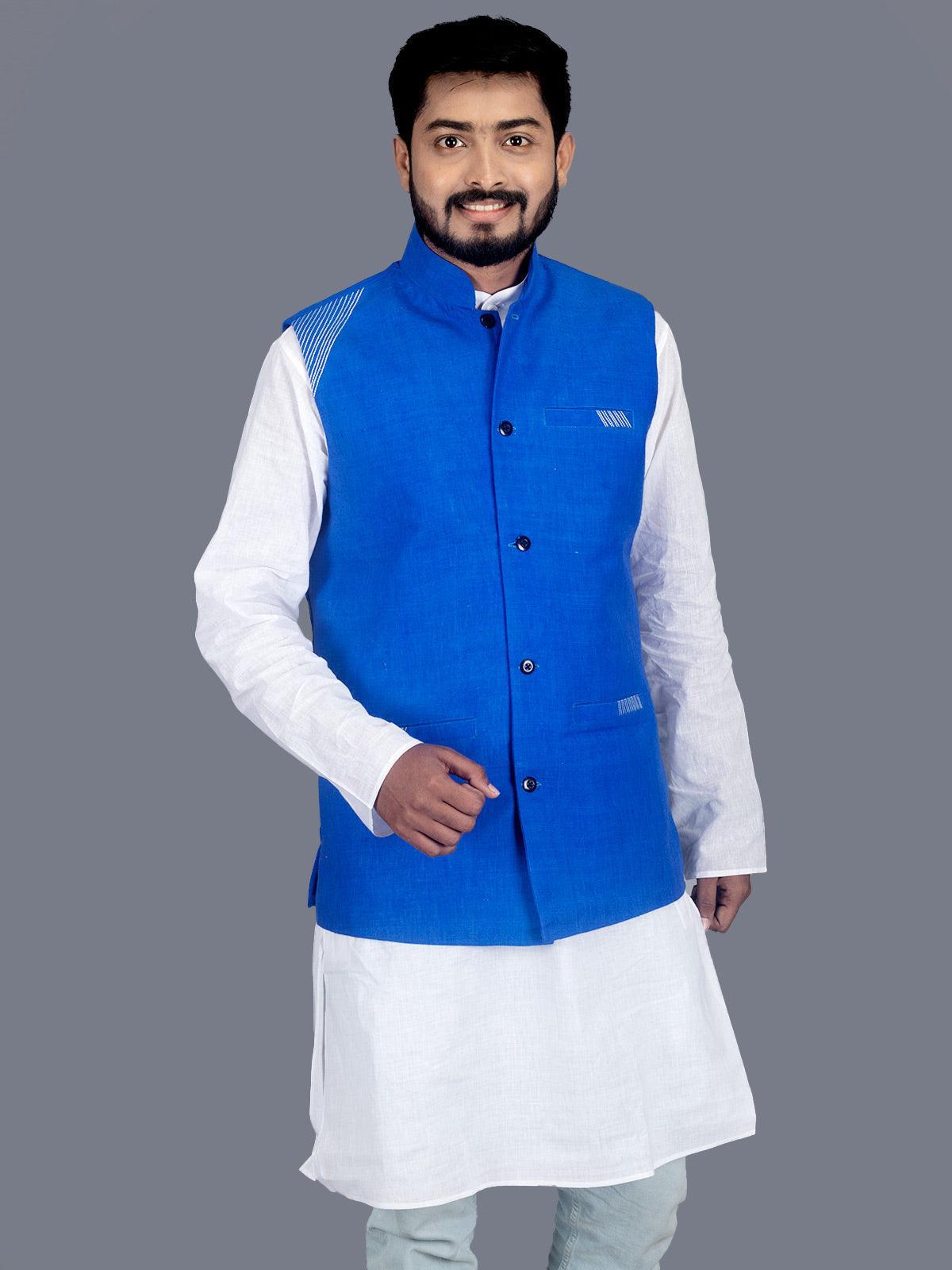 Blue Solid Matka Silk Modi Jacket - WeaversIndia