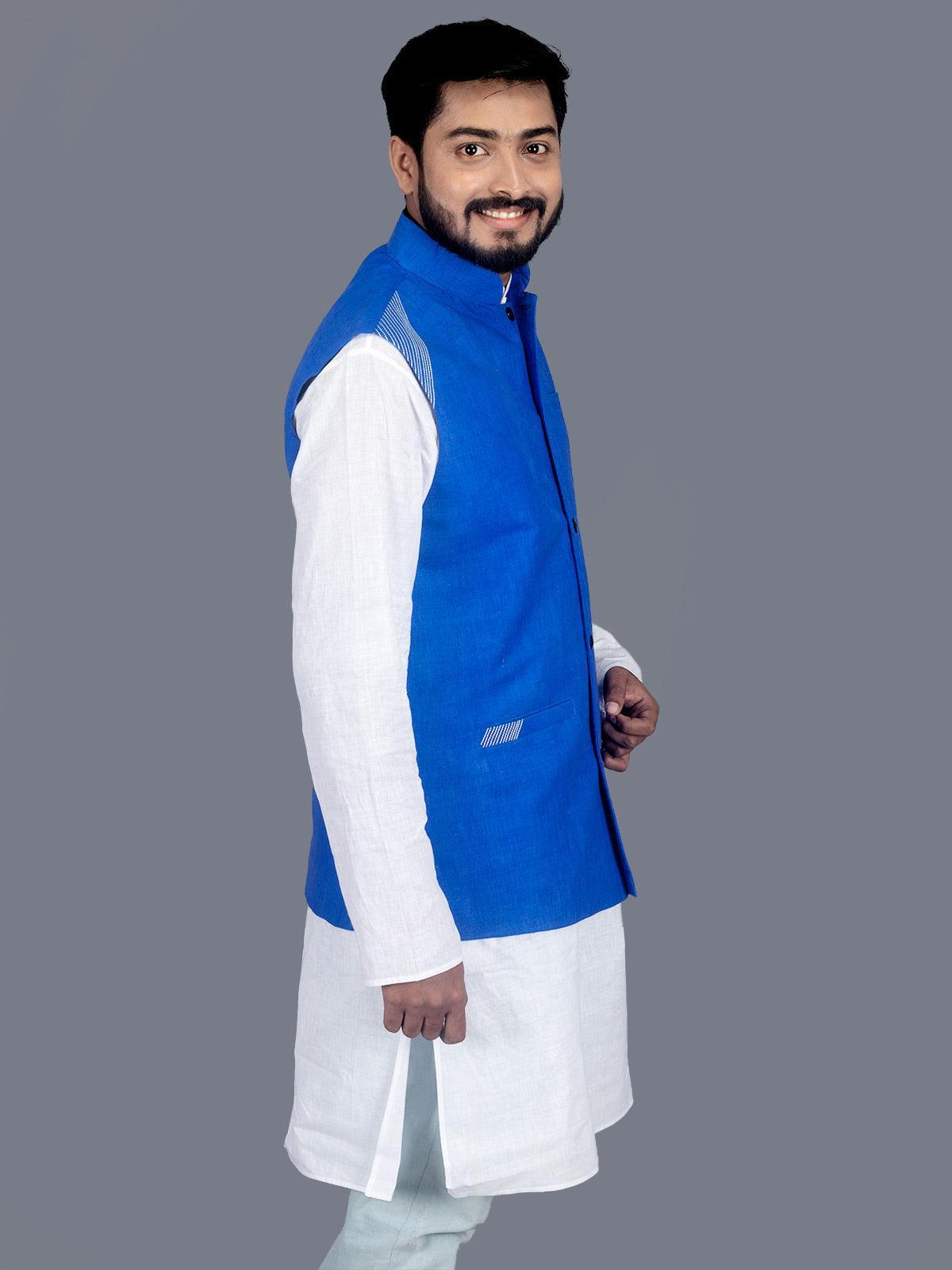 Blue Solid Matka Silk Modi Jacket - WeaversIndia