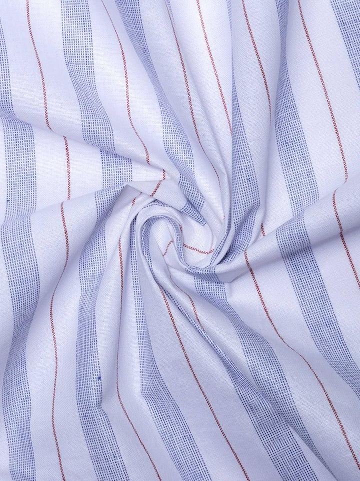 Blue Whte Striped Handwoven Organic Cotton Fabric 44 Inch Width - WeaversIndia