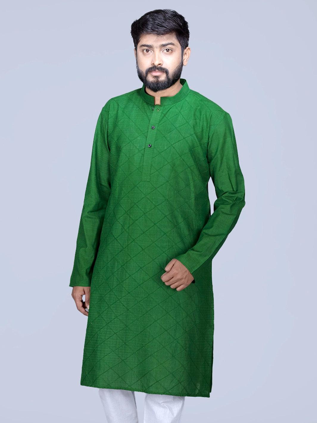 Bottle Green Pintucks Organic Cotton Men Kurta - WeaversIndia