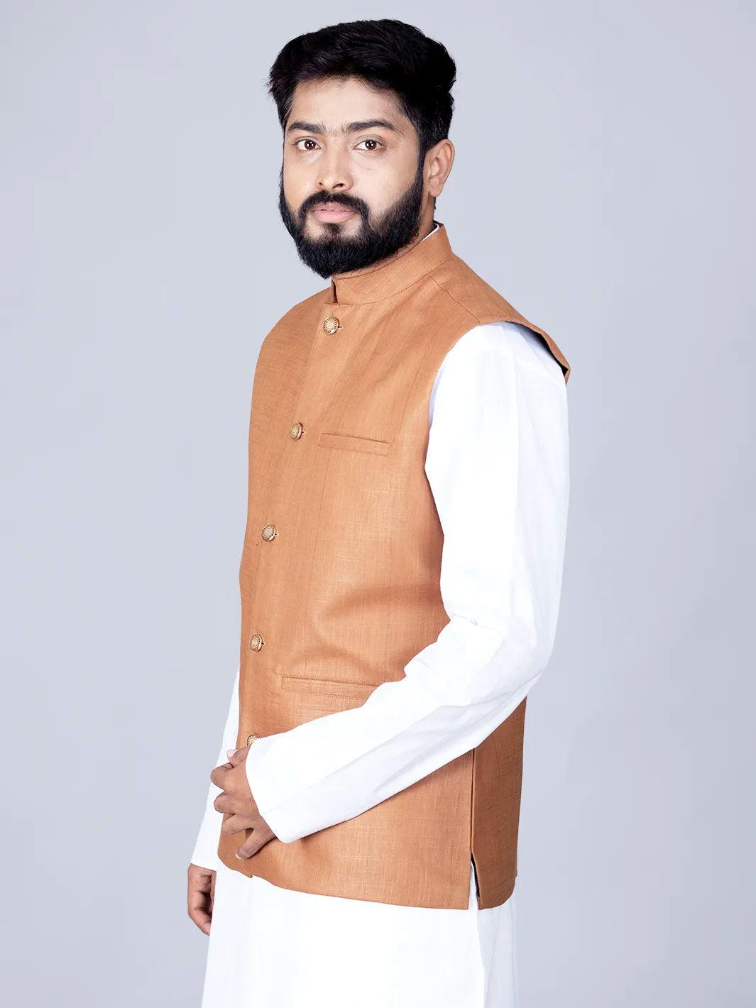 Brown Handwoven Cotton Modi Jacket - WeaversIndia