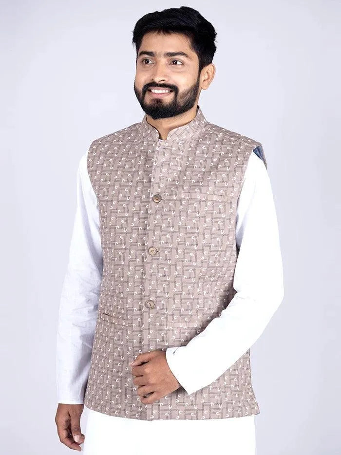 Brown Printed Poly Cotton Modi Jacket - WeaversIndia