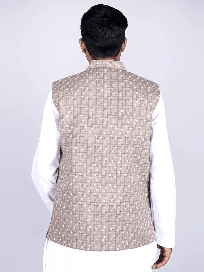 Brown Printed Poly Cotton Modi Jacket - WeaversIndia