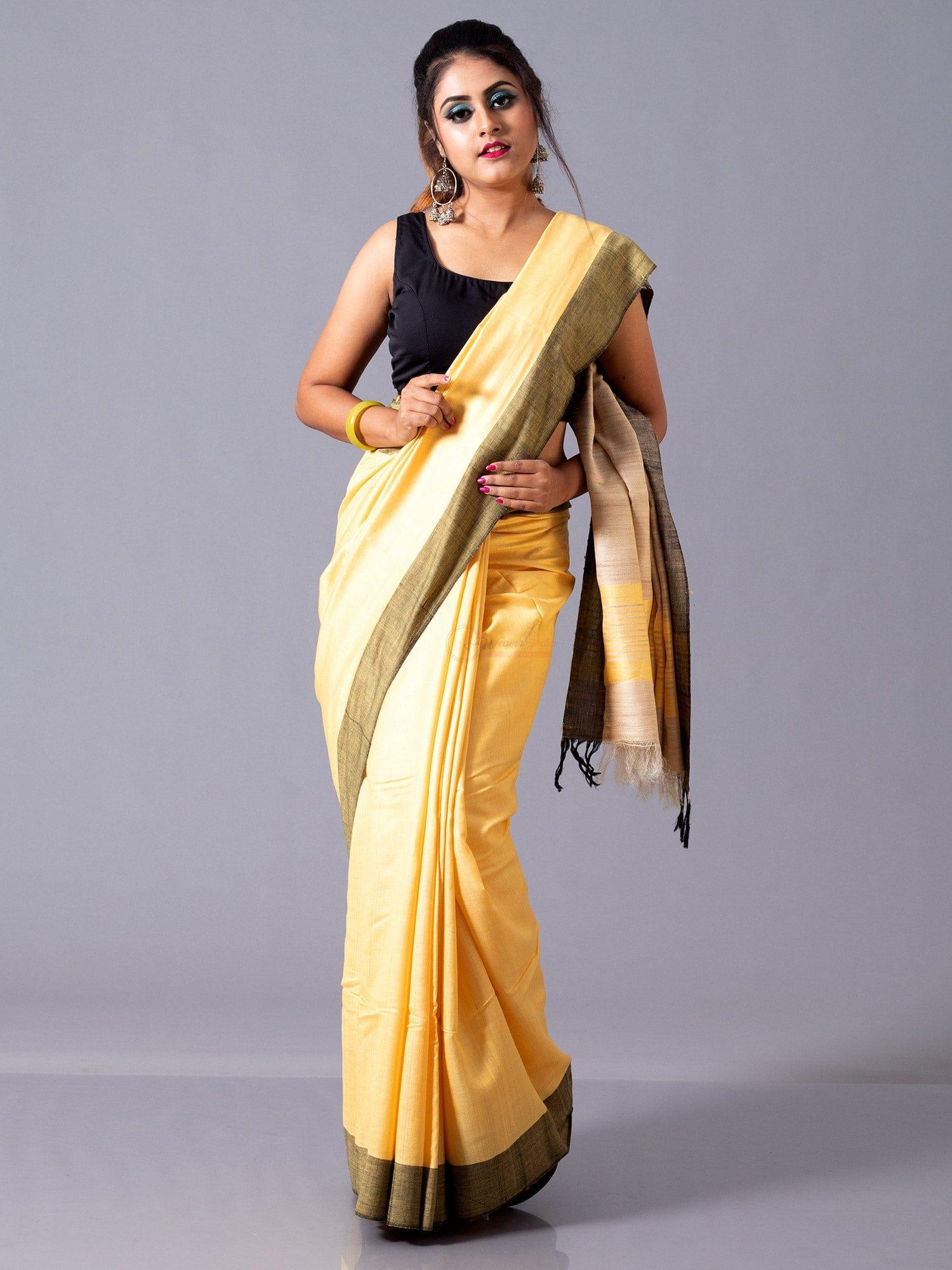 Buff Yellow Mulberry Ghicha Silk Anchal Saree - WeaversIndia