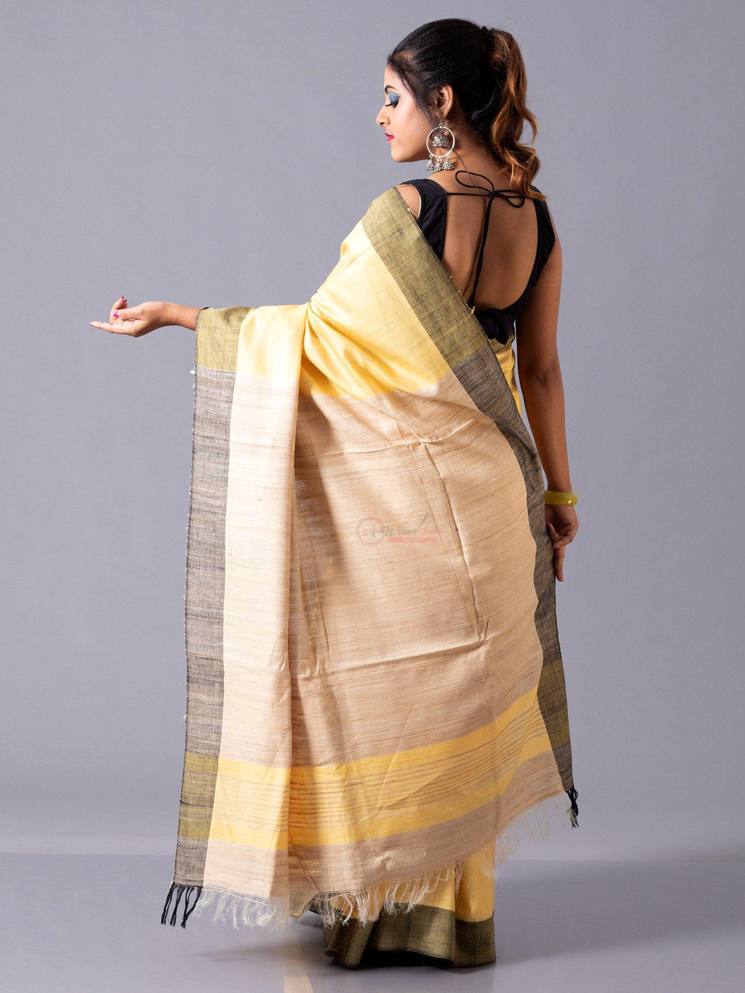 Buff Yellow Mulberry Ghicha Silk Anchal Saree - WeaversIndia