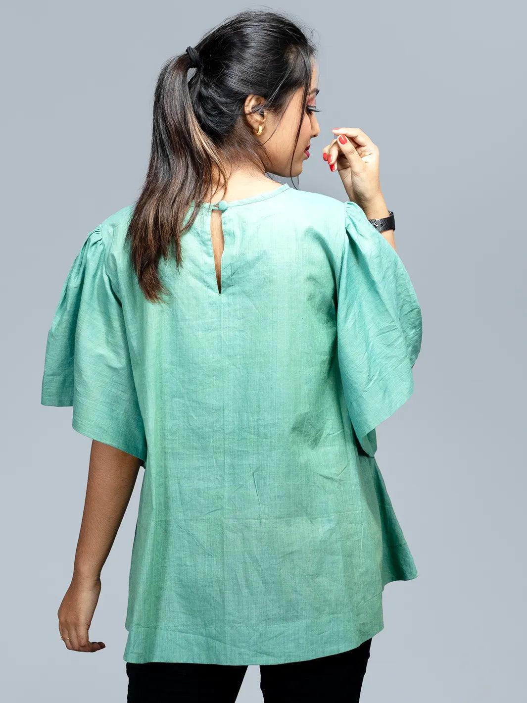 Cadet Blue Handwoven Fine Cotton Muslin Kaftan Top - WeaversIndia