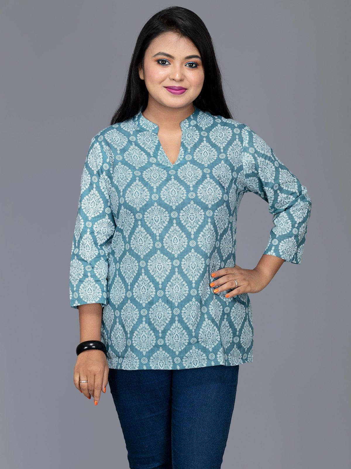 Cadet Blue Printed Cotton Top - WeaversIndia