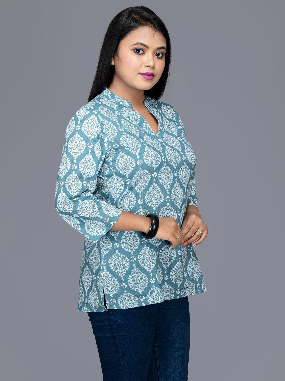 Cadet Blue Printed Cotton Top - WeaversIndia