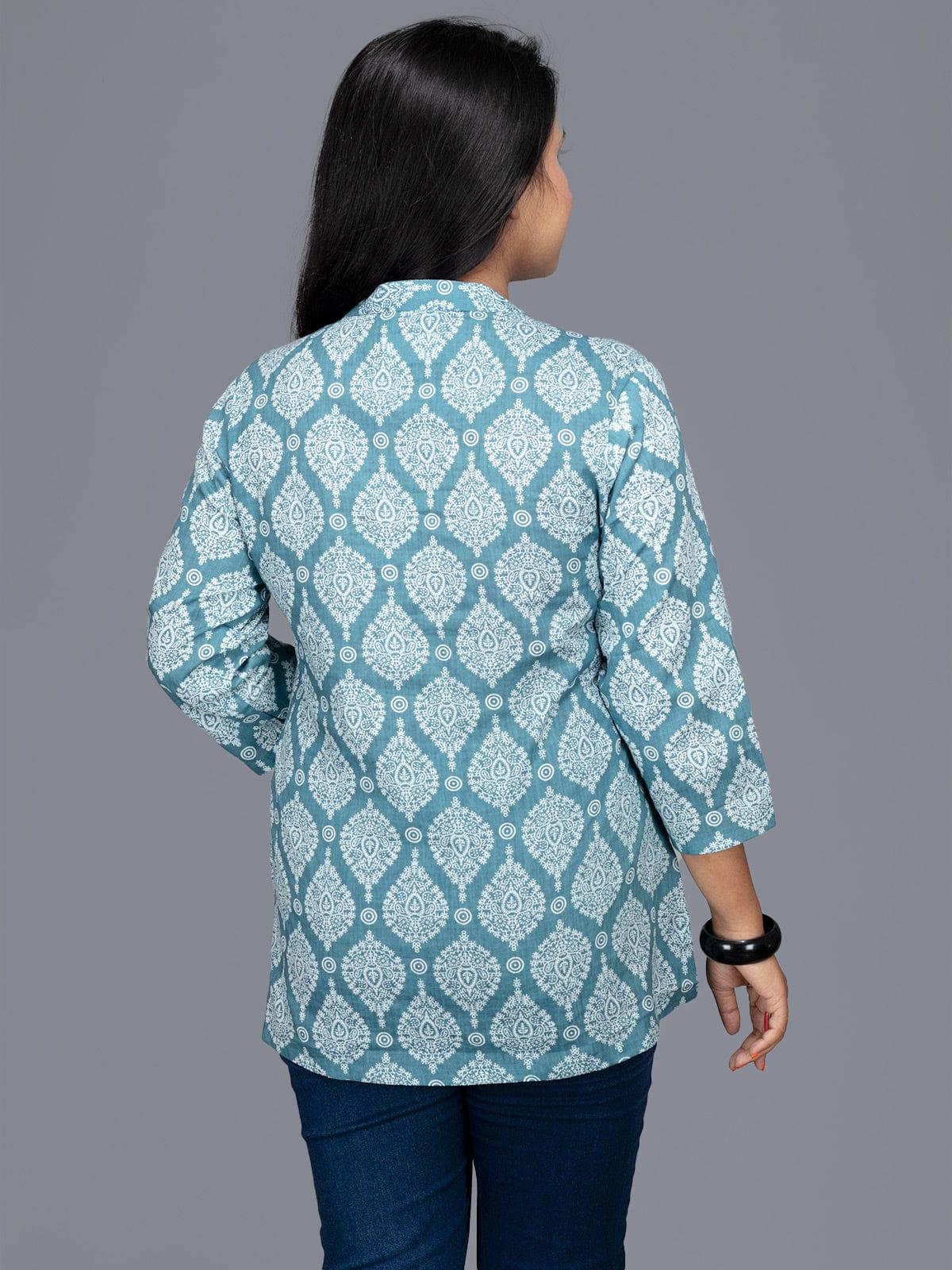 Cadet Blue Printed Cotton Top - WeaversIndia