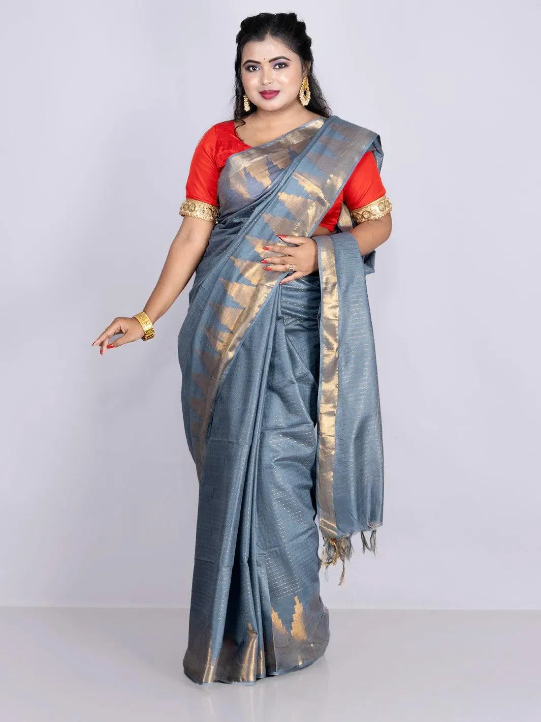 Cadet Grey Woven Jari Checks Bhagalpuri Silk Saree - WeaversIndia