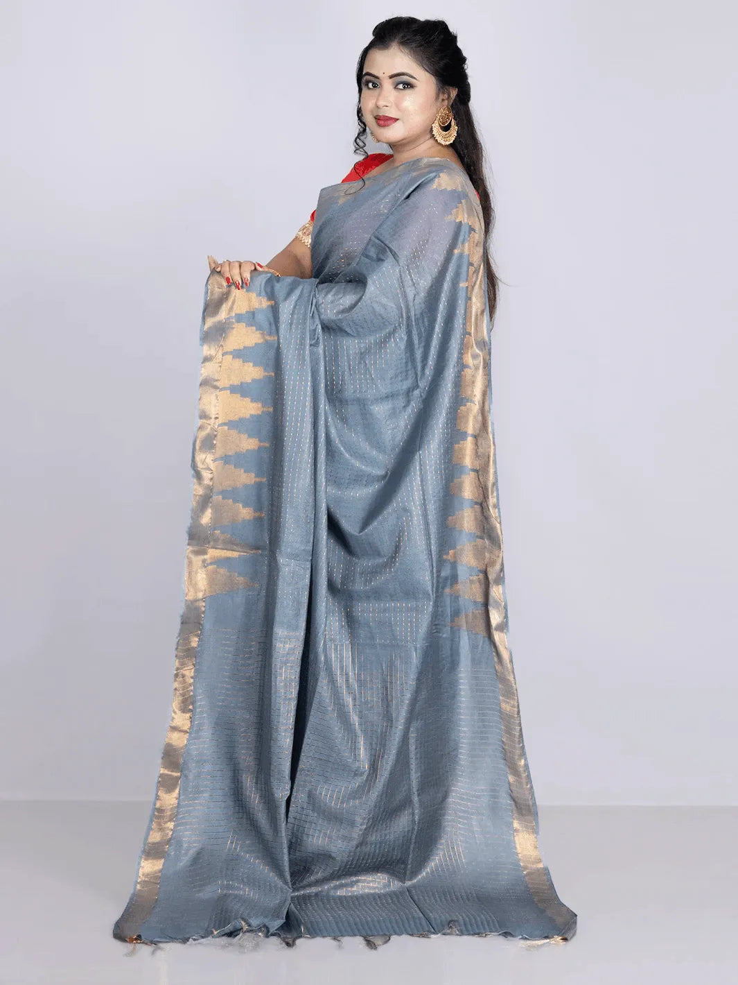 Cadet Grey Woven Jari Checks Bhagalpuri Silk Saree - WeaversIndia