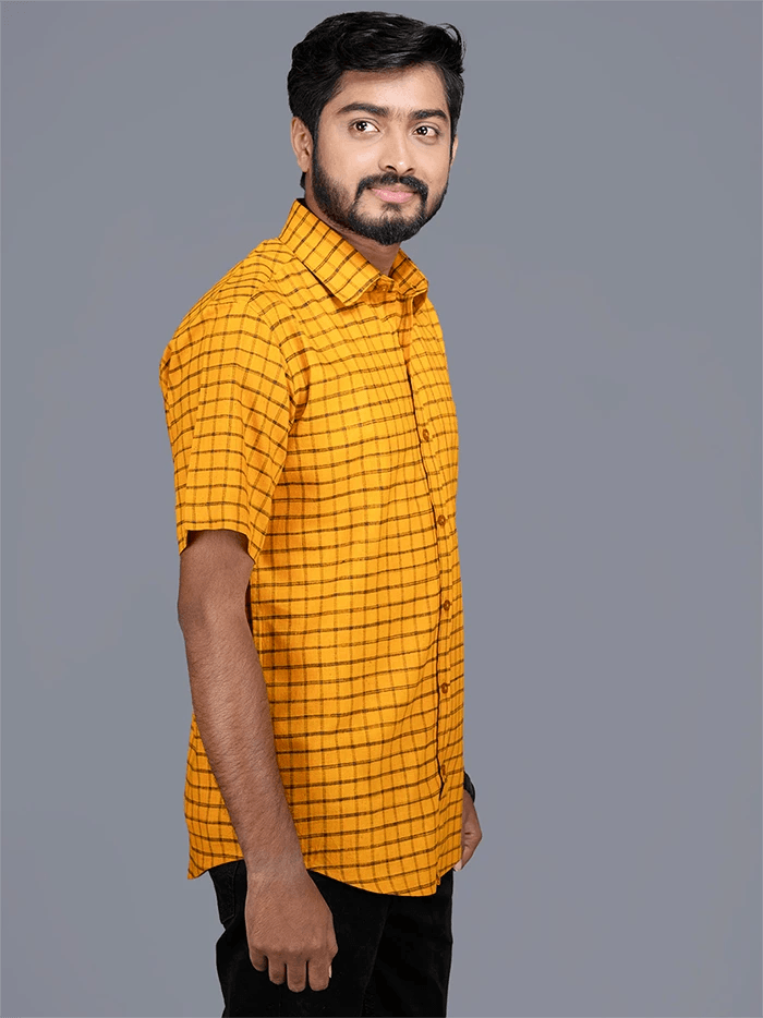 Cadmium Orange Handwoven Organic Cotton Checks Fitted Men Shirt - WeaversIndia