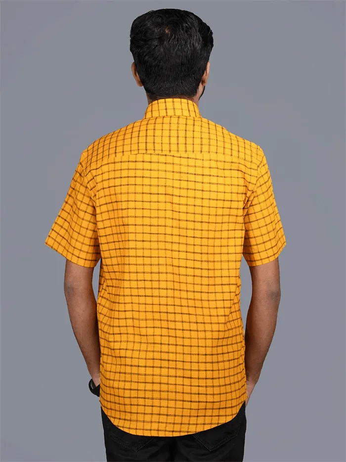 Cadmium Orange Handwoven Organic Cotton Checks Fitted Men Shirt - WeaversIndia