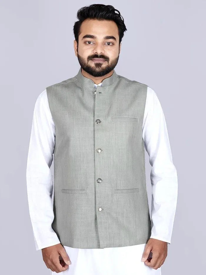 Cambridge Blue Handwoven Cotton Modi Jacket - WeaversIndia