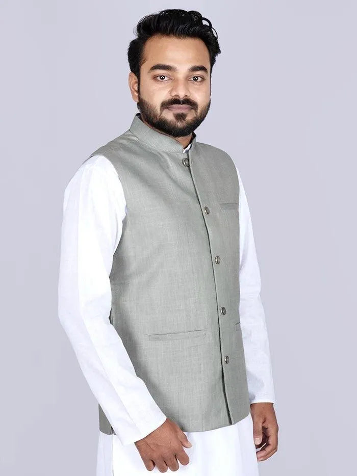 Cambridge Blue Handwoven Cotton Modi Jacket - WeaversIndia