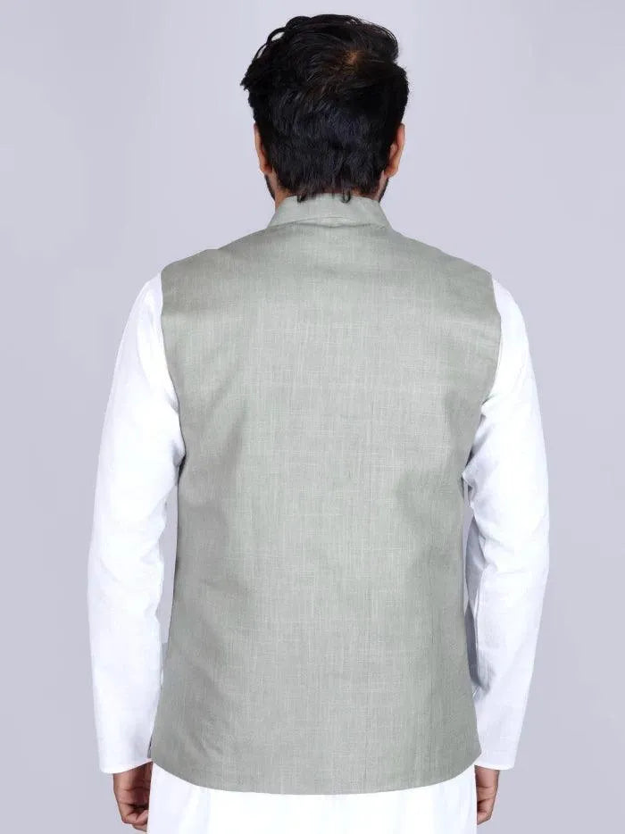 Cambridge Blue Handwoven Cotton Modi Jacket - WeaversIndia