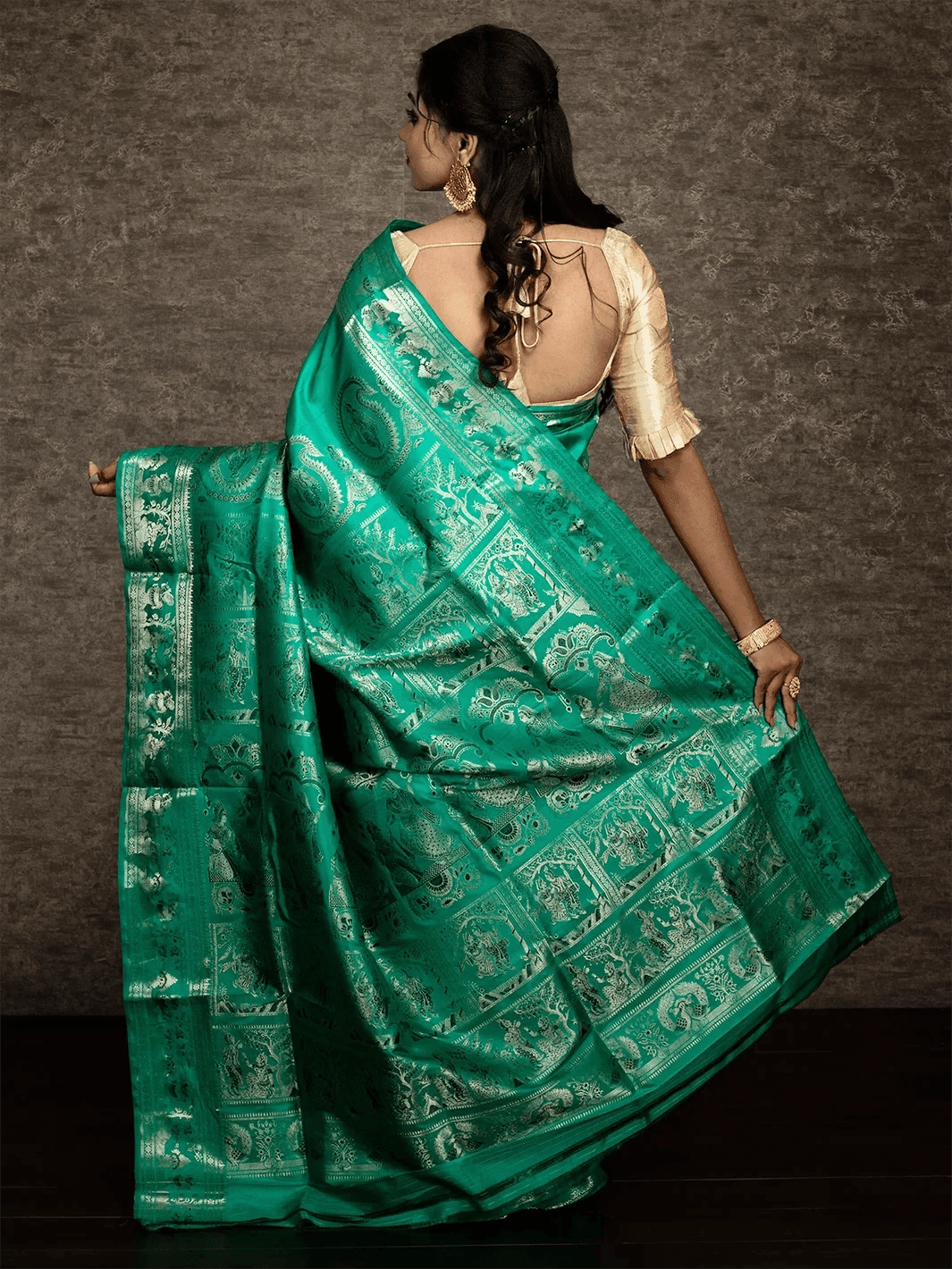 Caribbean Green Traditional Minakari Swarnachari Silk Saree - WeaversIndia