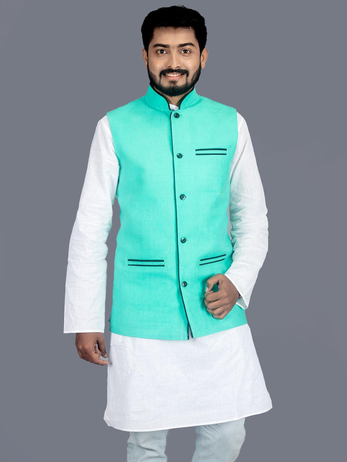 Cyan Solid Matka Silk Modi Jacket - WeaversIndia