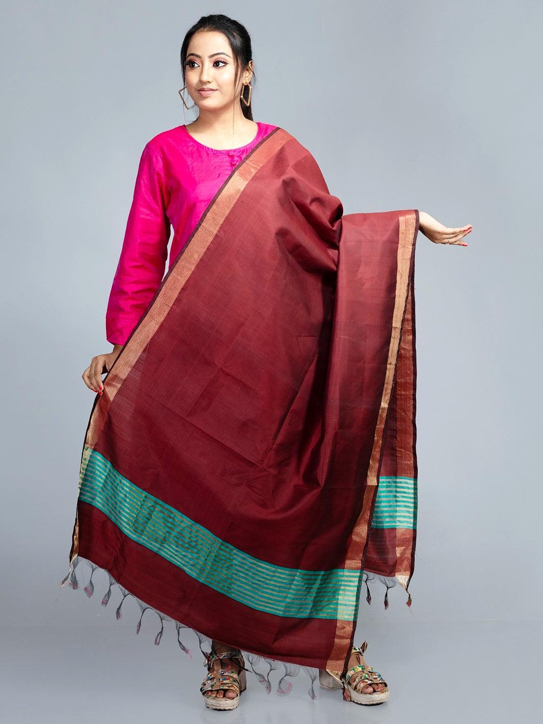 Dark Brown Bishnupuri Silk Dupatta - WeaversIndia