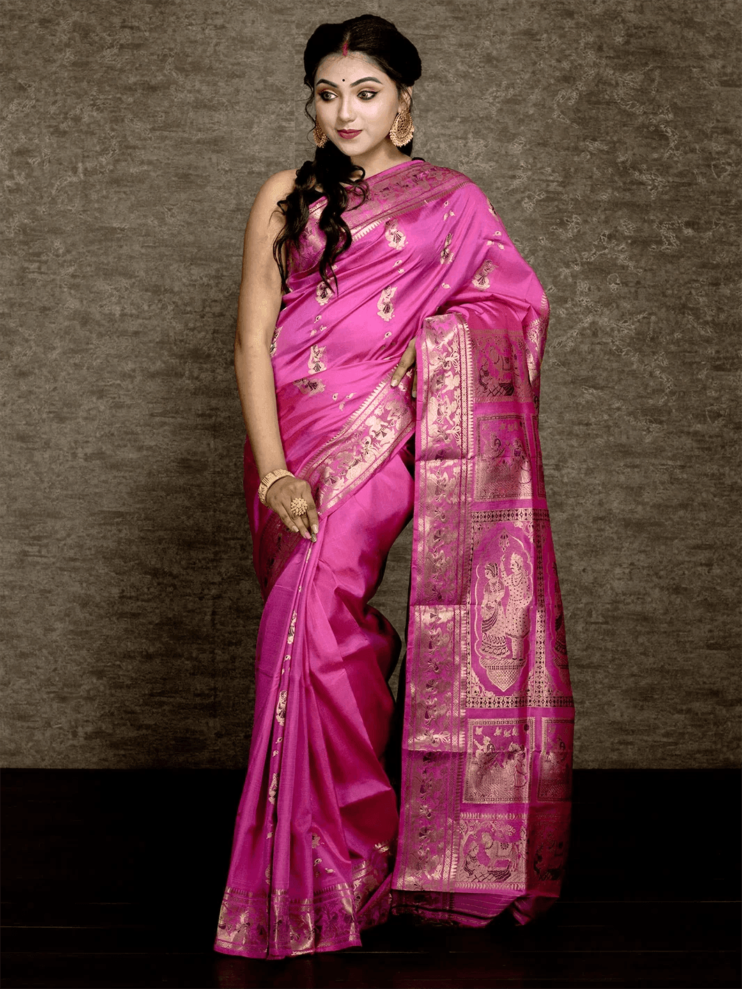 Deep Pink Traditional Minakari Swarnachari Silk Saree - WeaversIndia