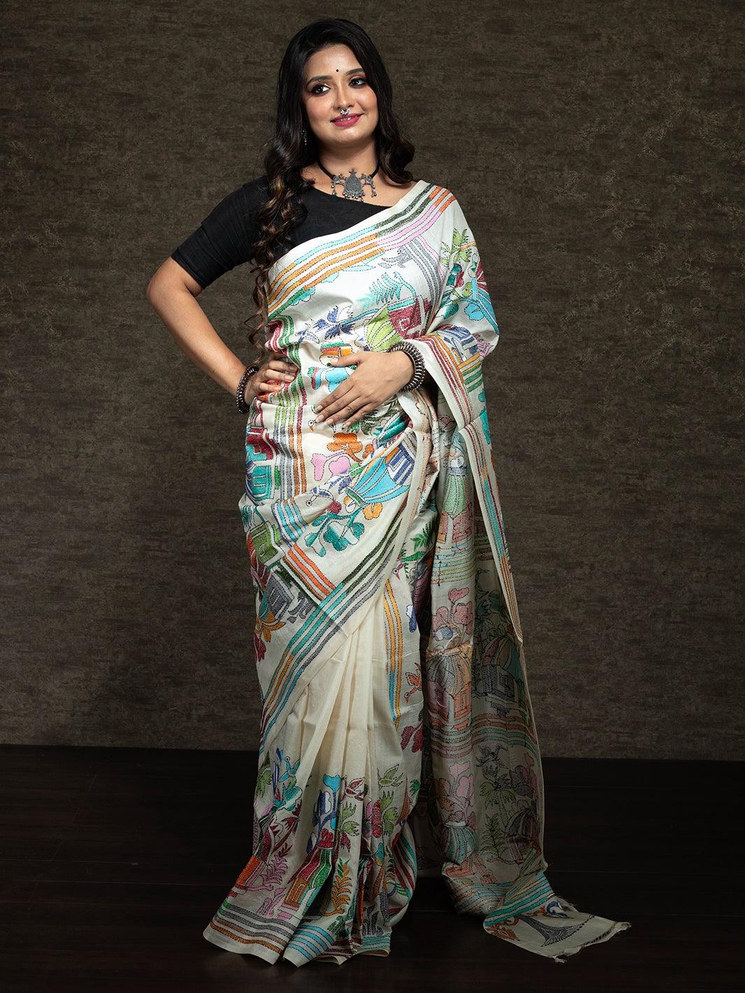 Elegant Allover Kantha Stitch Tussar Silk Saree - WeaversIndia