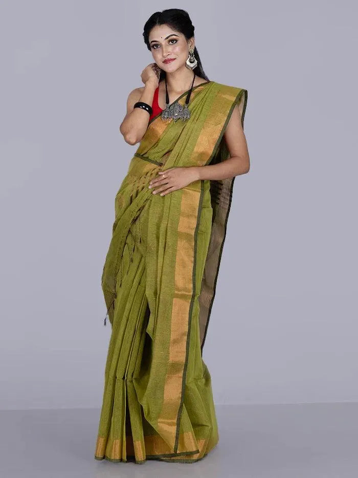 Elegant Apple Green Par Anchal Buti Handloom Saree - WeaversIndia