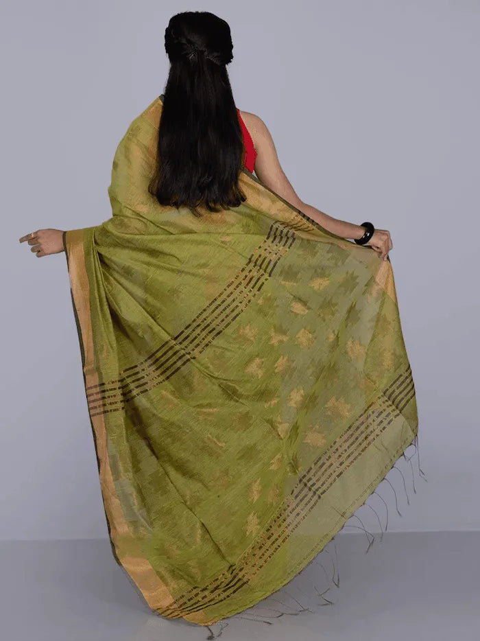 Elegant Apple Green Par Anchal Buti Handloom Saree - WeaversIndia