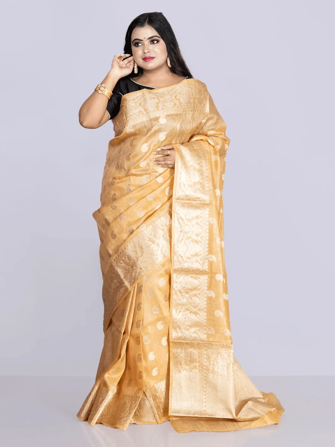 Elegant Arylide yellow Par Anchal Buti Linen Silk Saree - WeaversIndia