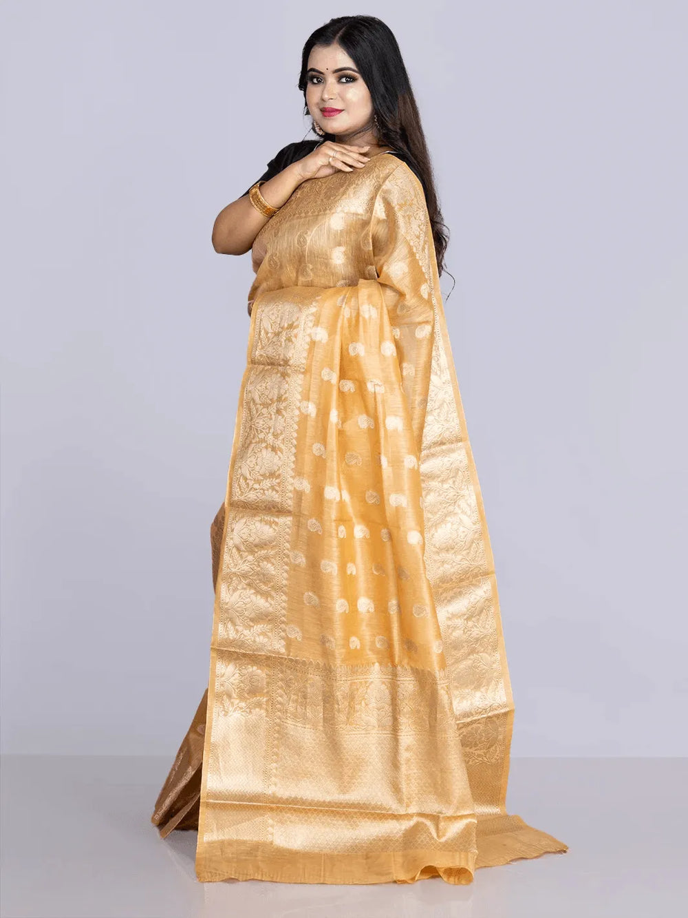 Elegant Arylide yellow Par Anchal Buti Linen Silk Saree - WeaversIndia