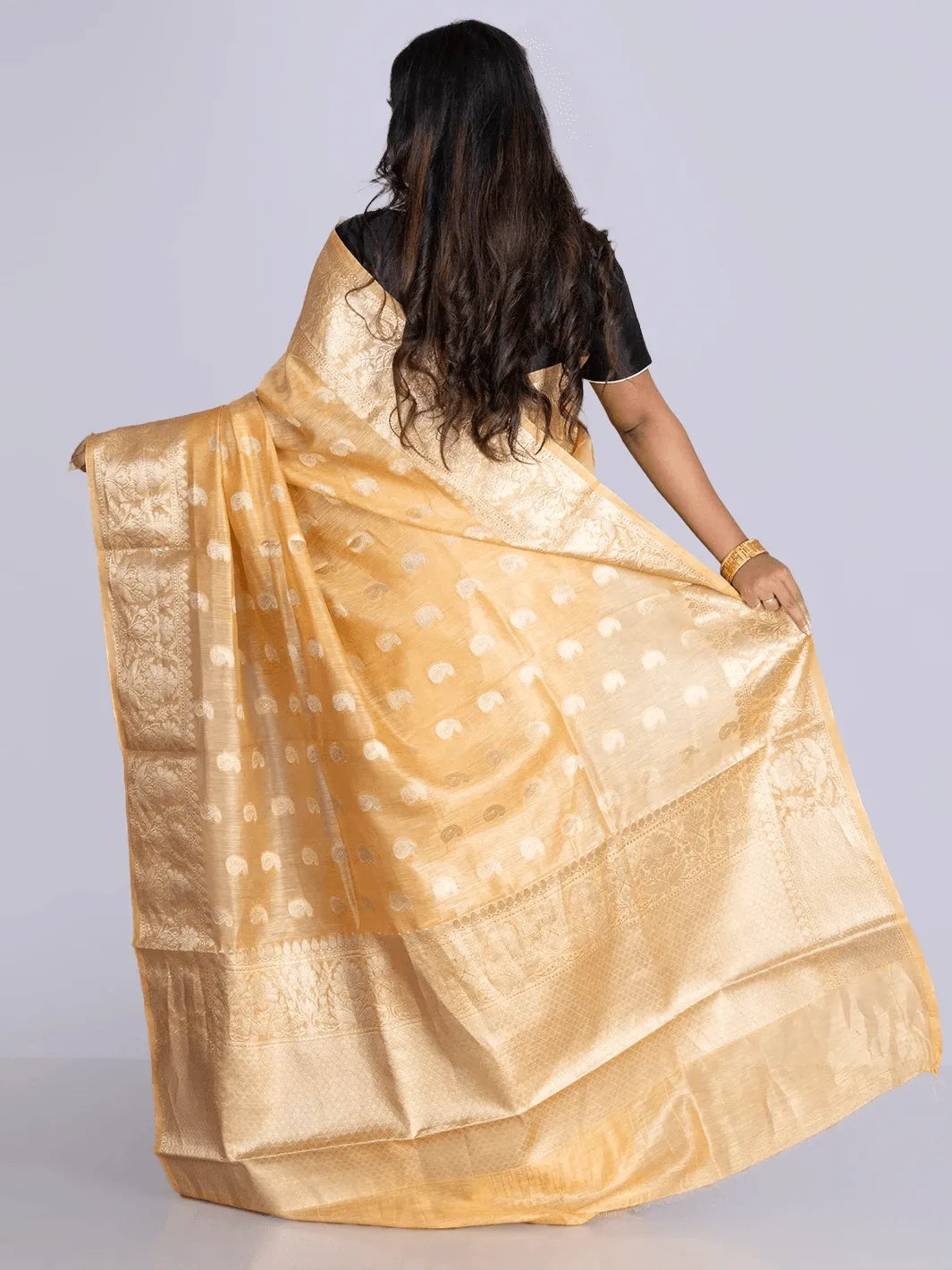 Elegant Arylide yellow Par Anchal Buti Linen Silk Saree - WeaversIndia