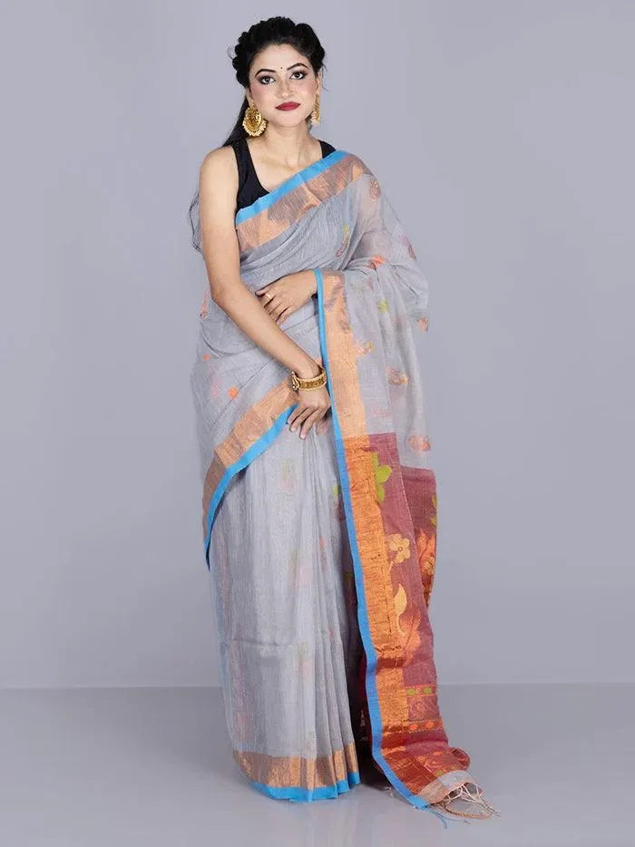 Elegant Beau Blue Par Anchal Buti Handloom Saree - WeaversIndia