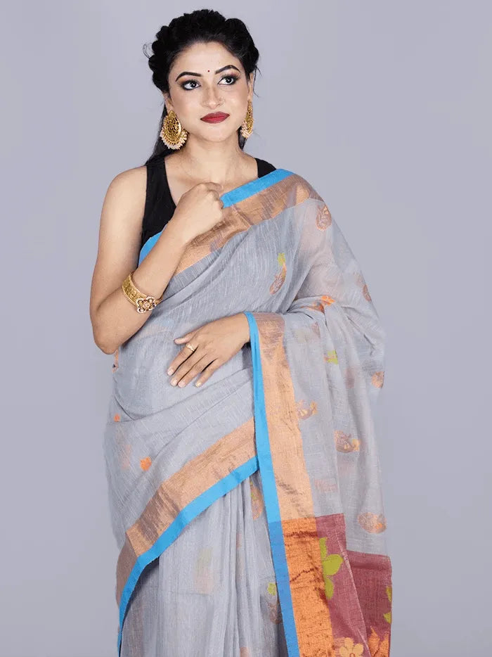 Elegant Beau Blue Par Anchal Buti Handloom Saree - WeaversIndia