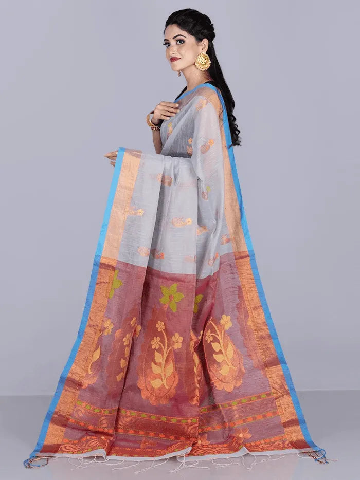 Elegant Beau Blue Par Anchal Buti Handloom Saree - WeaversIndia