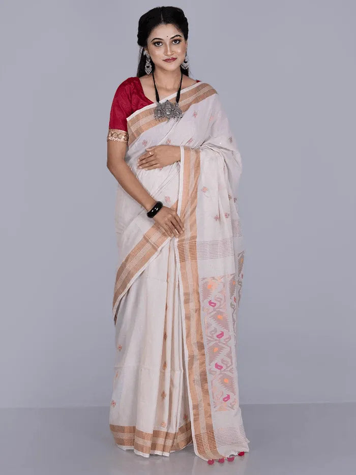 Elegant Beige Par Anchal Buti Handloom Saree - WeaversIndia