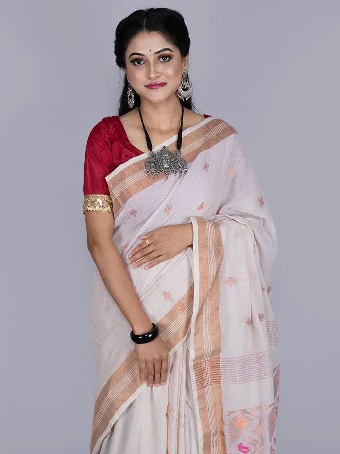 Elegant Beige Par Anchal Buti Handloom Saree - WeaversIndia