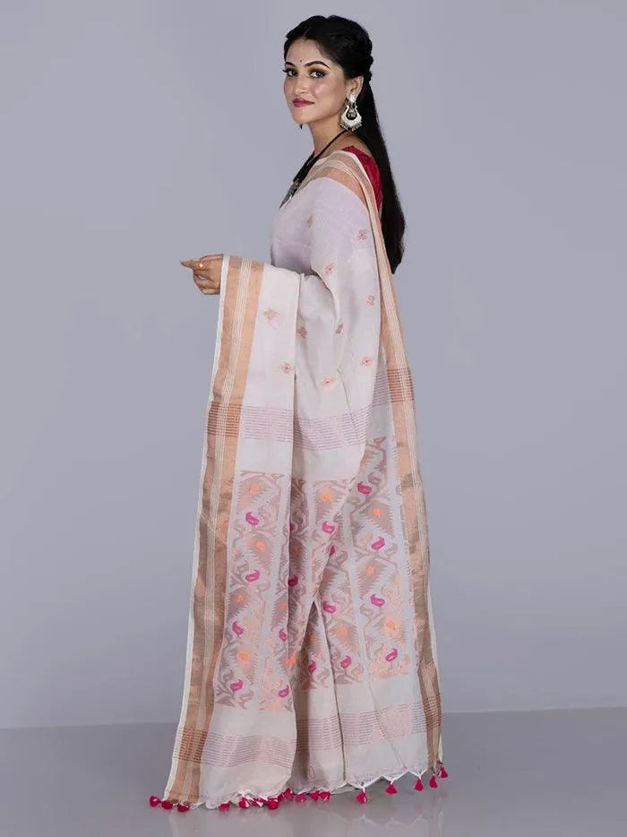 Elegant Beige Par Anchal Buti Handloom Saree - WeaversIndia