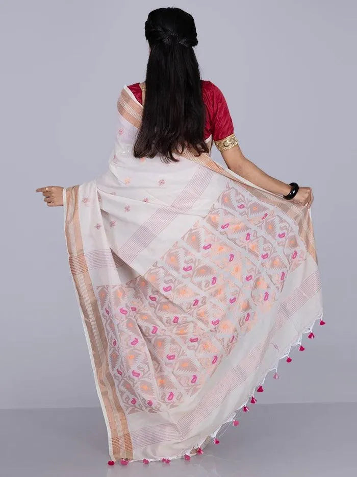 Elegant Beige Par Anchal Buti Handloom Saree - WeaversIndia