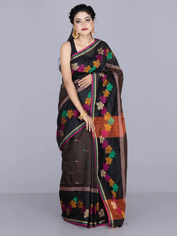 Elegant Black Brown Par Anchal Buti Handloom Saree - WeaversIndia