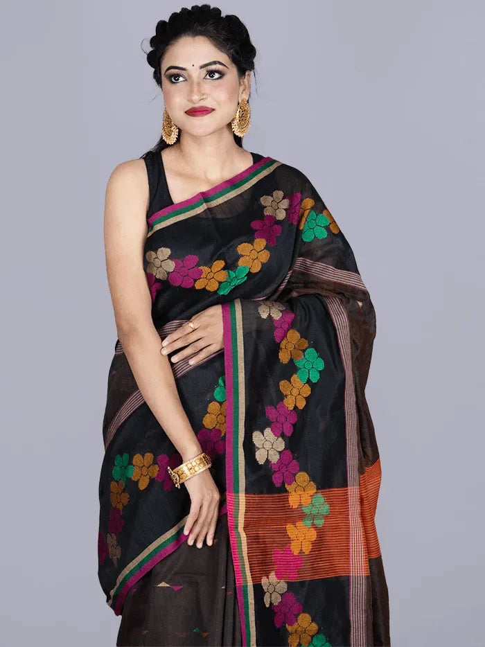 Elegant Black Brown Par Anchal Buti Handloom Saree - WeaversIndia