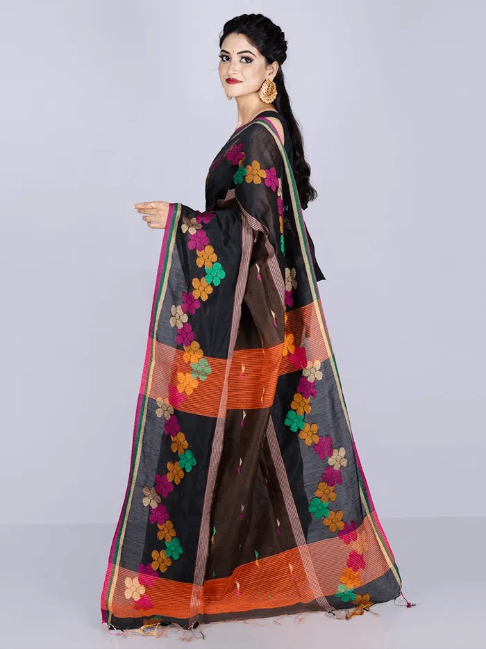 Elegant Black Brown Par Anchal Buti Handloom Saree - WeaversIndia