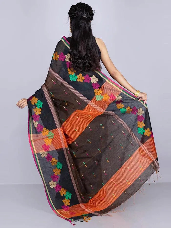 Elegant Black Brown Par Anchal Buti Handloom Saree - WeaversIndia