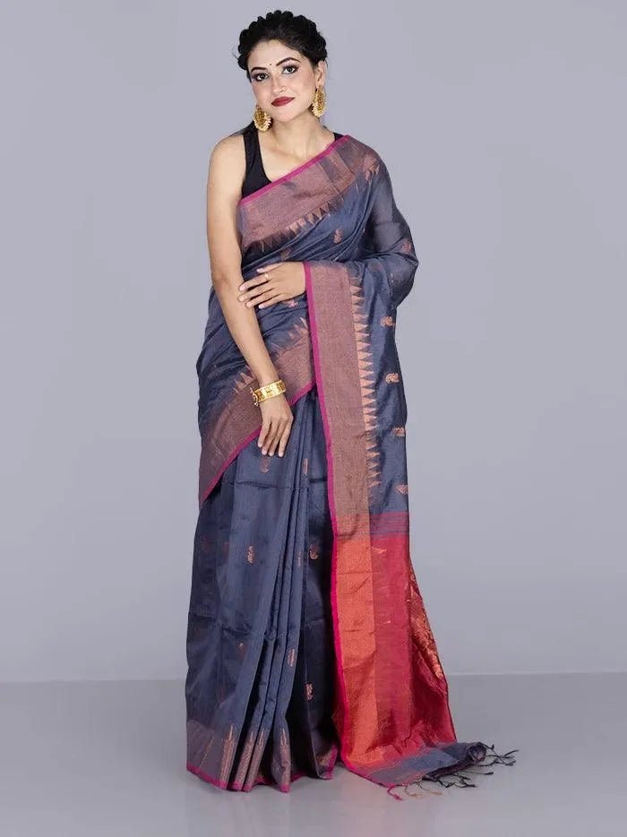 Elegant Black Gray Par Anchal Buti Handloom Saree - WeaversIndia