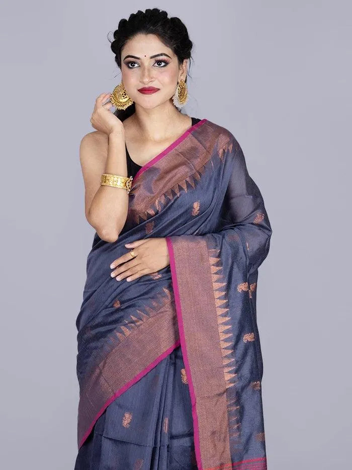 Elegant Black Gray Par Anchal Buti Handloom Saree - WeaversIndia